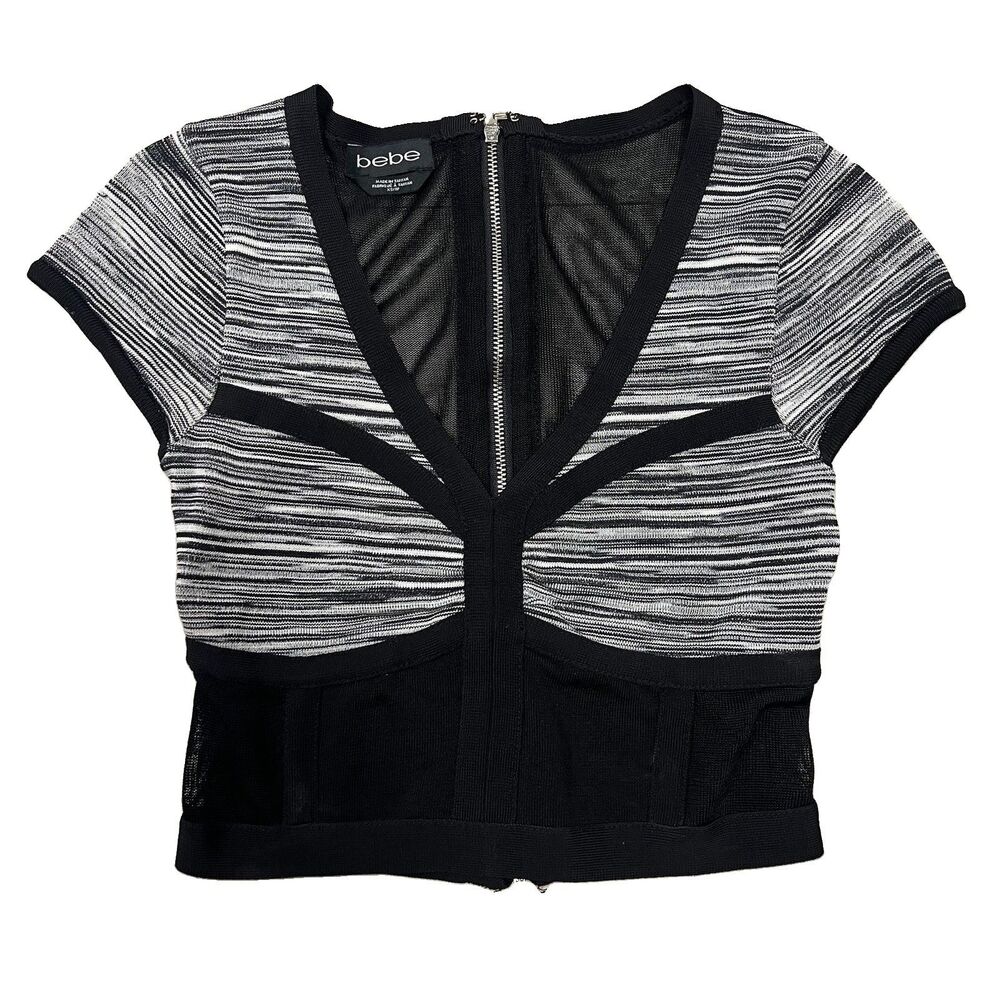 BEBE Paneled Mesh Back Crop Top Bandage Bustier Space Dye Blouse Black Size XS